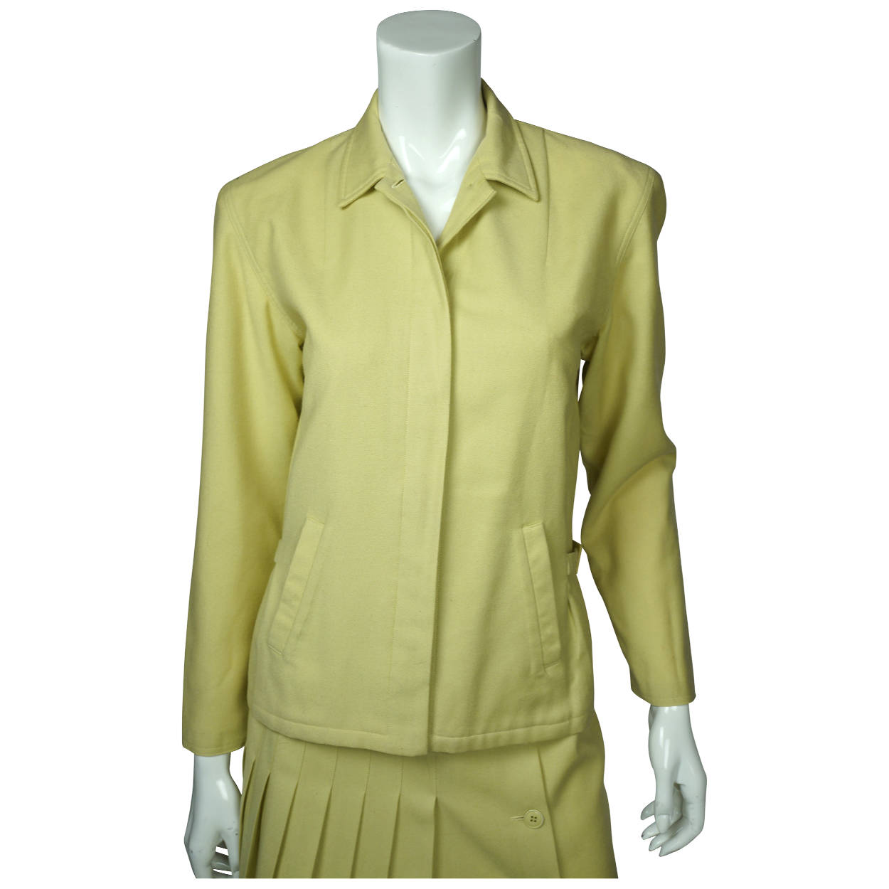 Vintage 1970s Cacharel Paris Skirt Suit Chartreuse Pure Wool Ladies Size M 8 - Poppy's Vintage Clothing