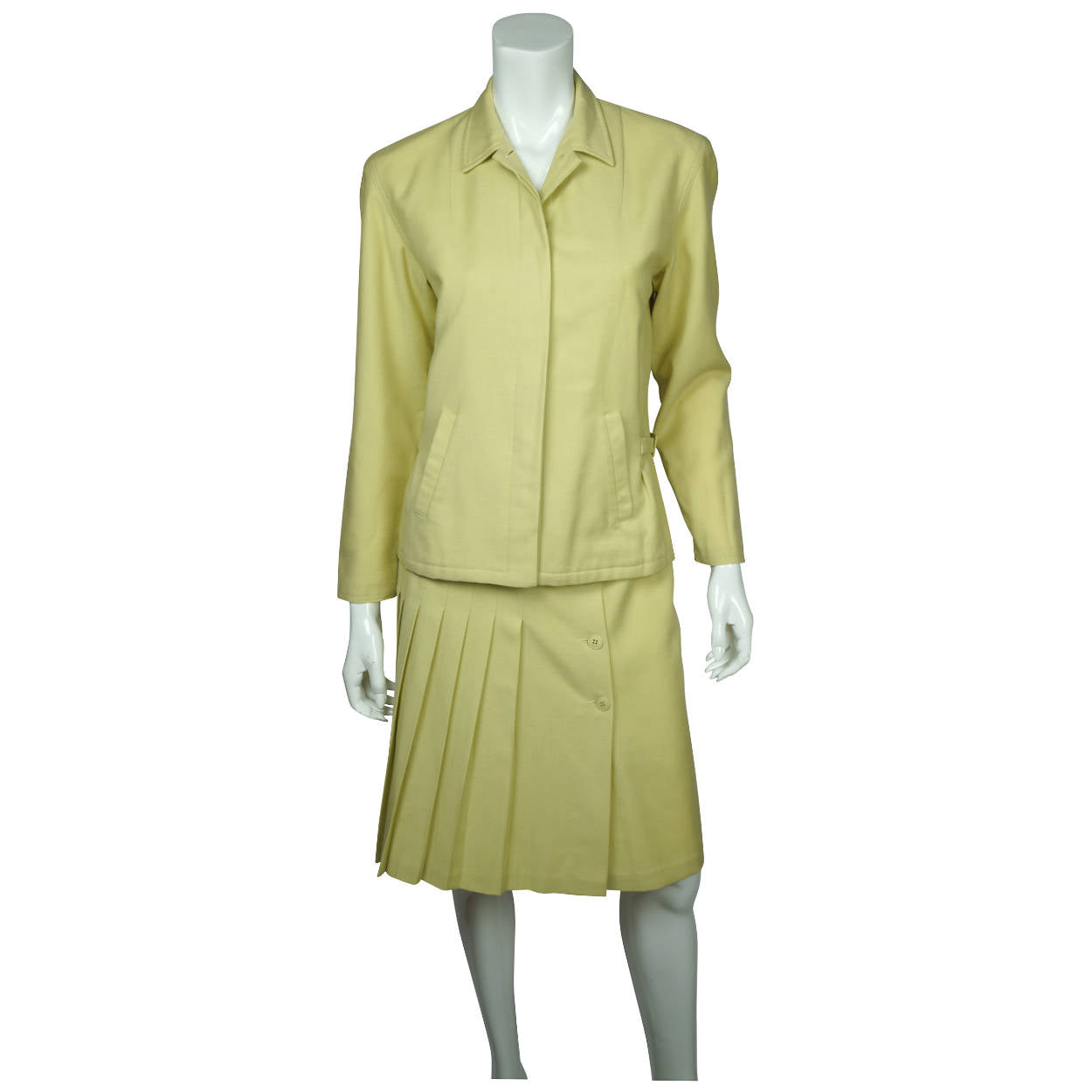 Vintage 1970s Cacharel Paris Skirt Suit Chartreuse Pure Wool Ladies Size M 8 - Poppy's Vintage Clothing