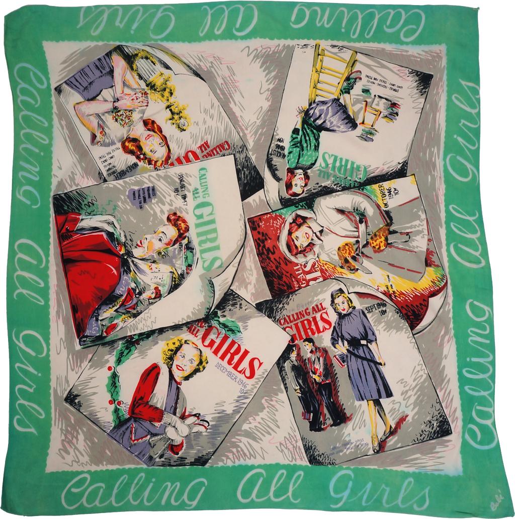 Vintage 1940s Novelty Print Scarf Calling All Girls Magazine Covers - Poppy's Vintage Clothing