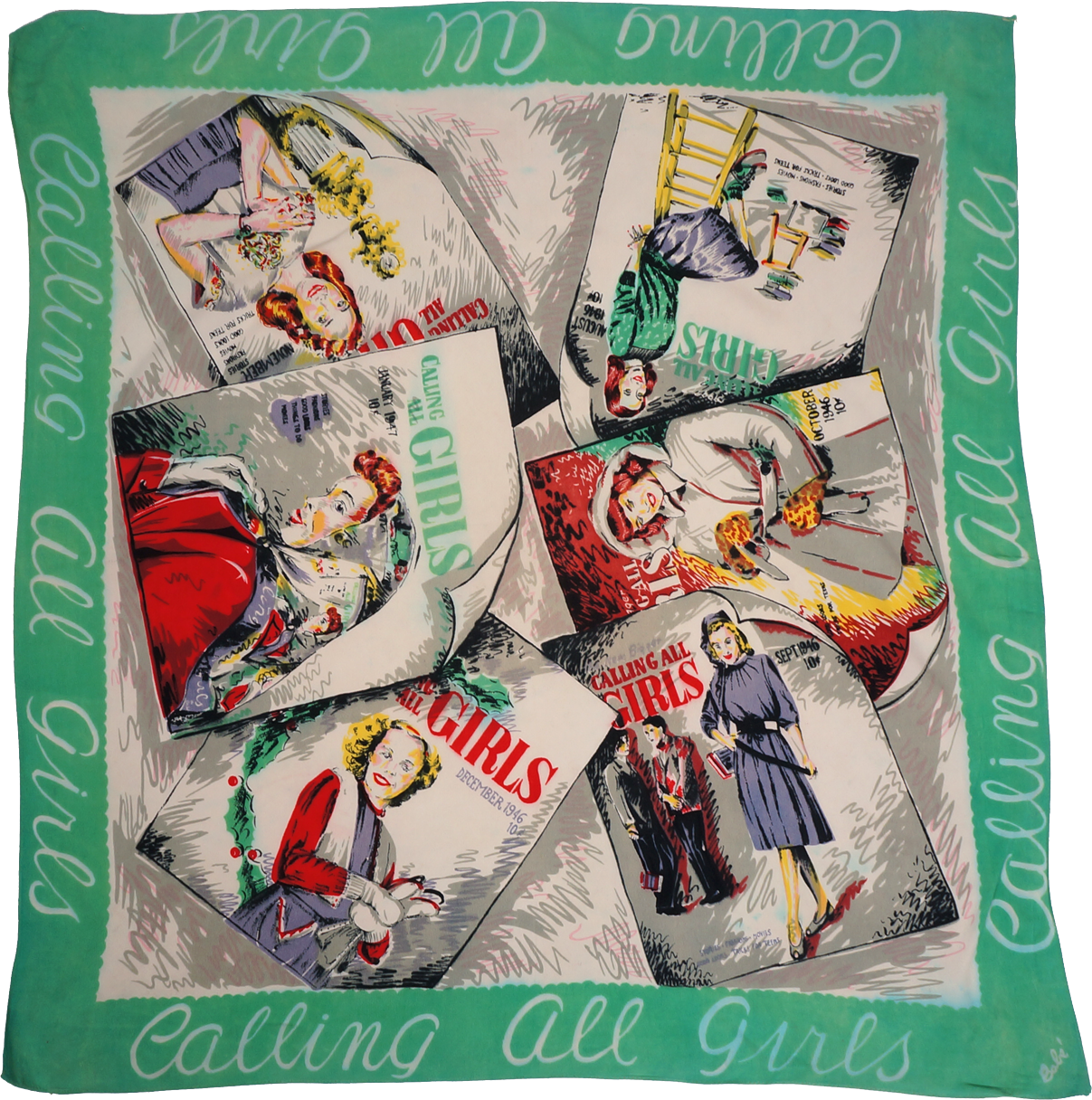 Vintage 1940s Novelty Print Scarf Calling All Girls Magazine Covers - Poppy's Vintage Clothing