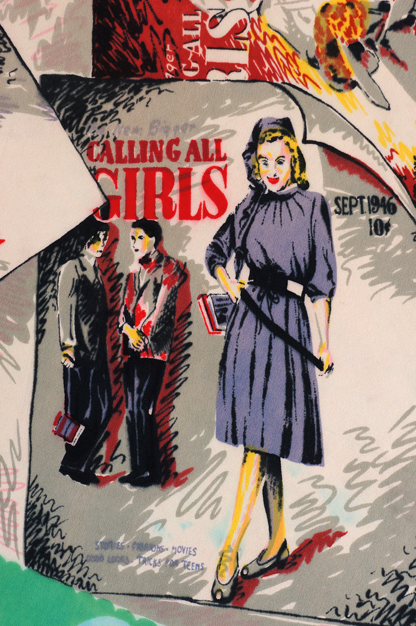 Vintage 1940s Novelty Print Scarf Calling All Girls Magazine Covers - Poppy's Vintage Clothing