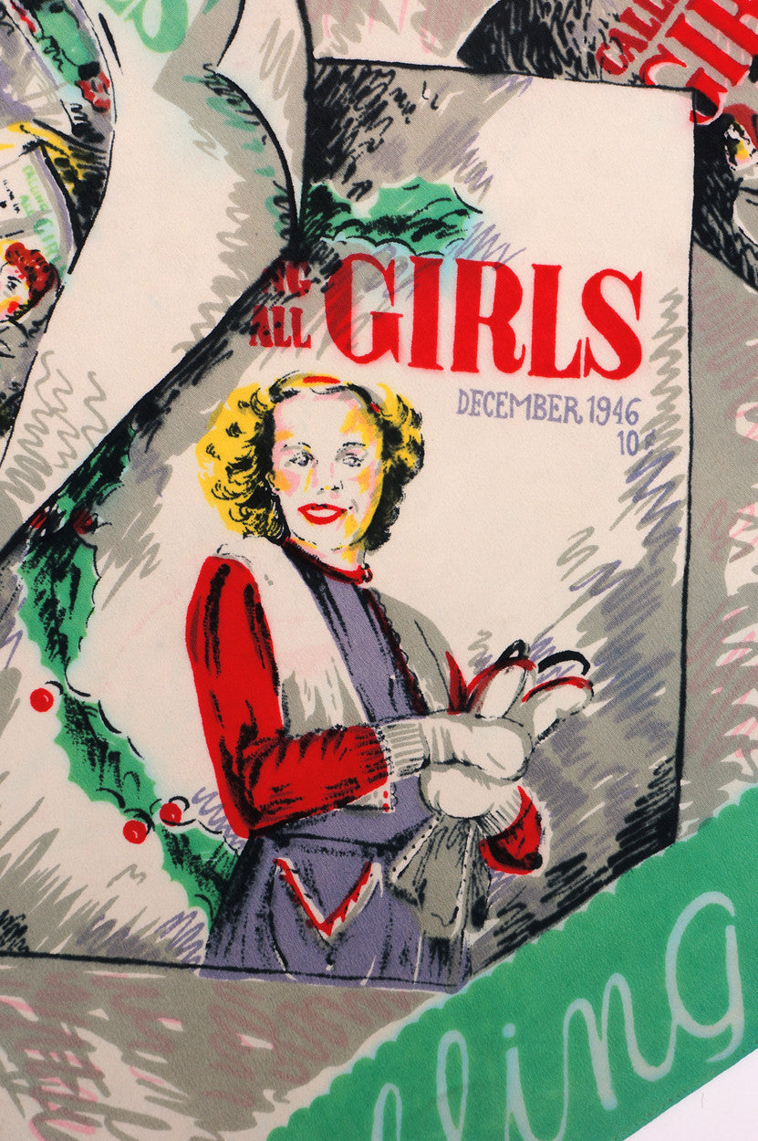 Vintage 1940s Novelty Print Scarf Calling All Girls Magazine