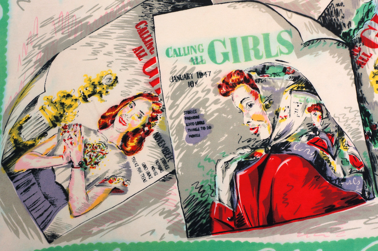 Vintage 1940s Novelty Print Scarf Calling All Girls Magazine Covers - Poppy's Vintage Clothing
