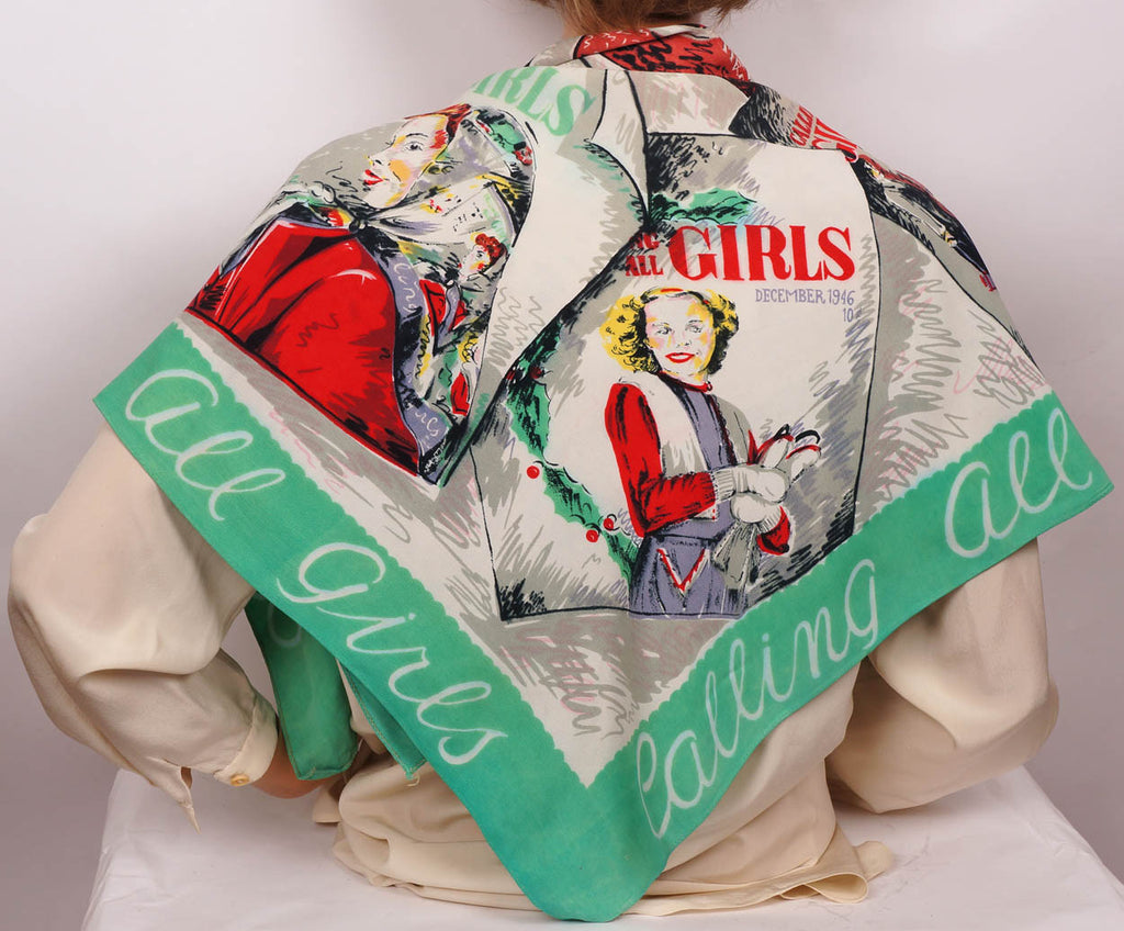 Vintage 1940s Novelty Print Scarf Calling All Girls Magazine Covers - Poppy's Vintage Clothing