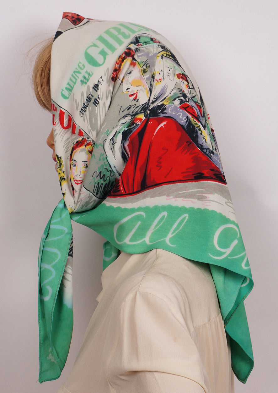 Vintage 1940s Novelty Print Scarf Calling All Girls Magazine Covers - Poppy's Vintage Clothing
