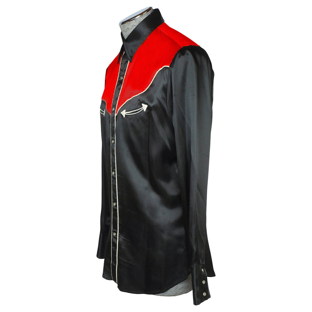 Vintage 1960s Western Black & Red Satin Cowboy Shirt Caravan Alberta Mens L 16 - Poppy's Vintage Clothing