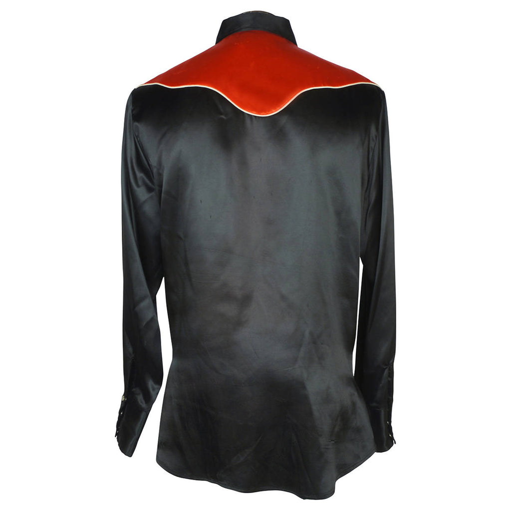 Vintage 1960s Western Black & Red Satin Cowboy Shirt Caravan Alberta Mens L 16 - Poppy's Vintage Clothing