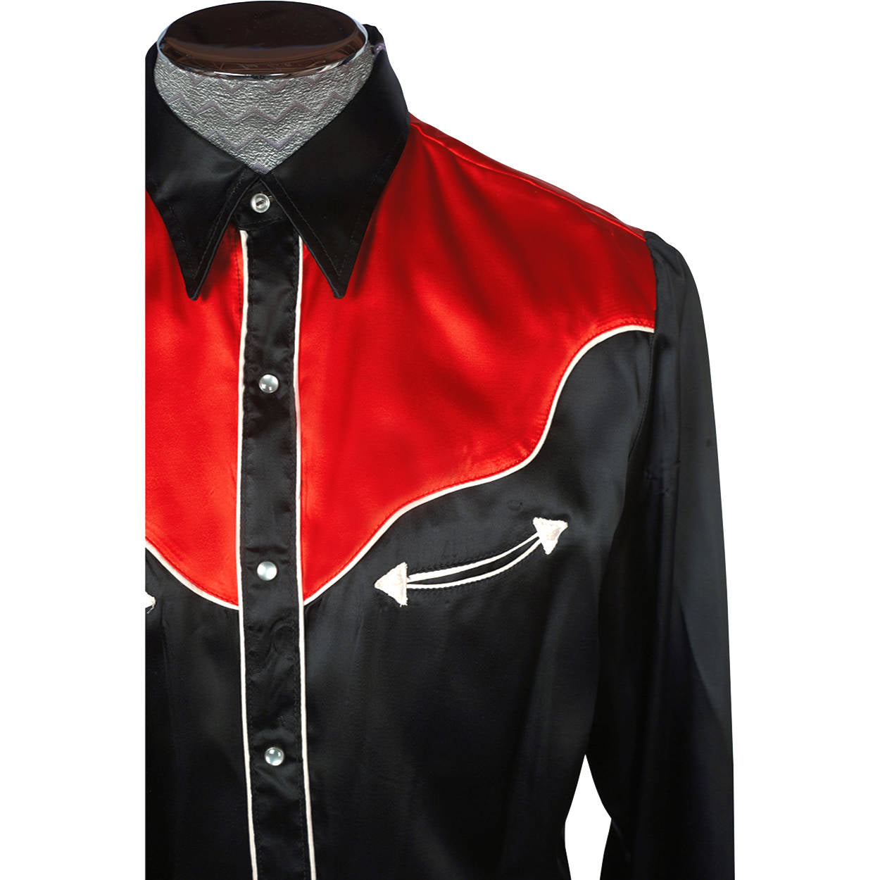 Vintage 1960s Western Black & Red Satin Cowboy Shirt Caravan Alberta Mens L 16 - Poppy's Vintage Clothing