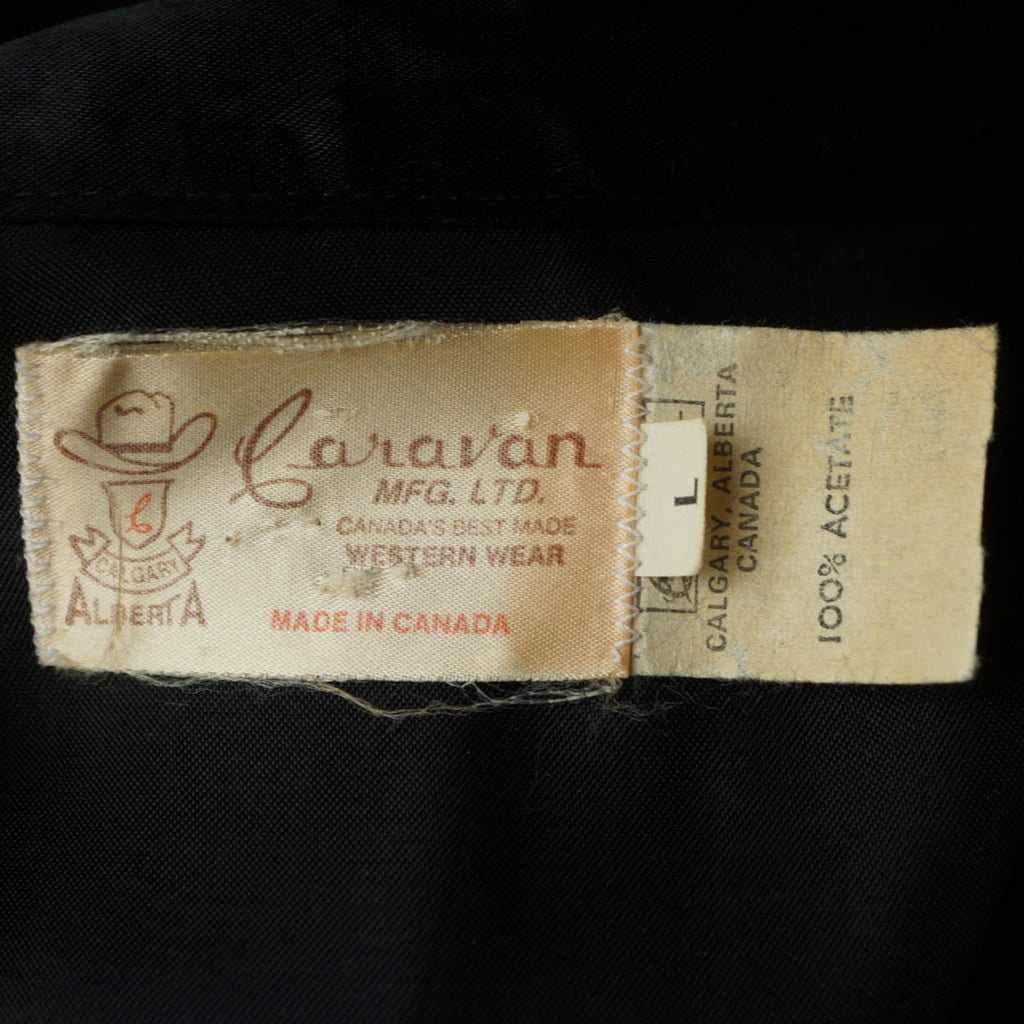 Vintage 1960s Western Black & Red Satin Cowboy Shirt Caravan Alberta Mens L 16 - Poppy's Vintage Clothing