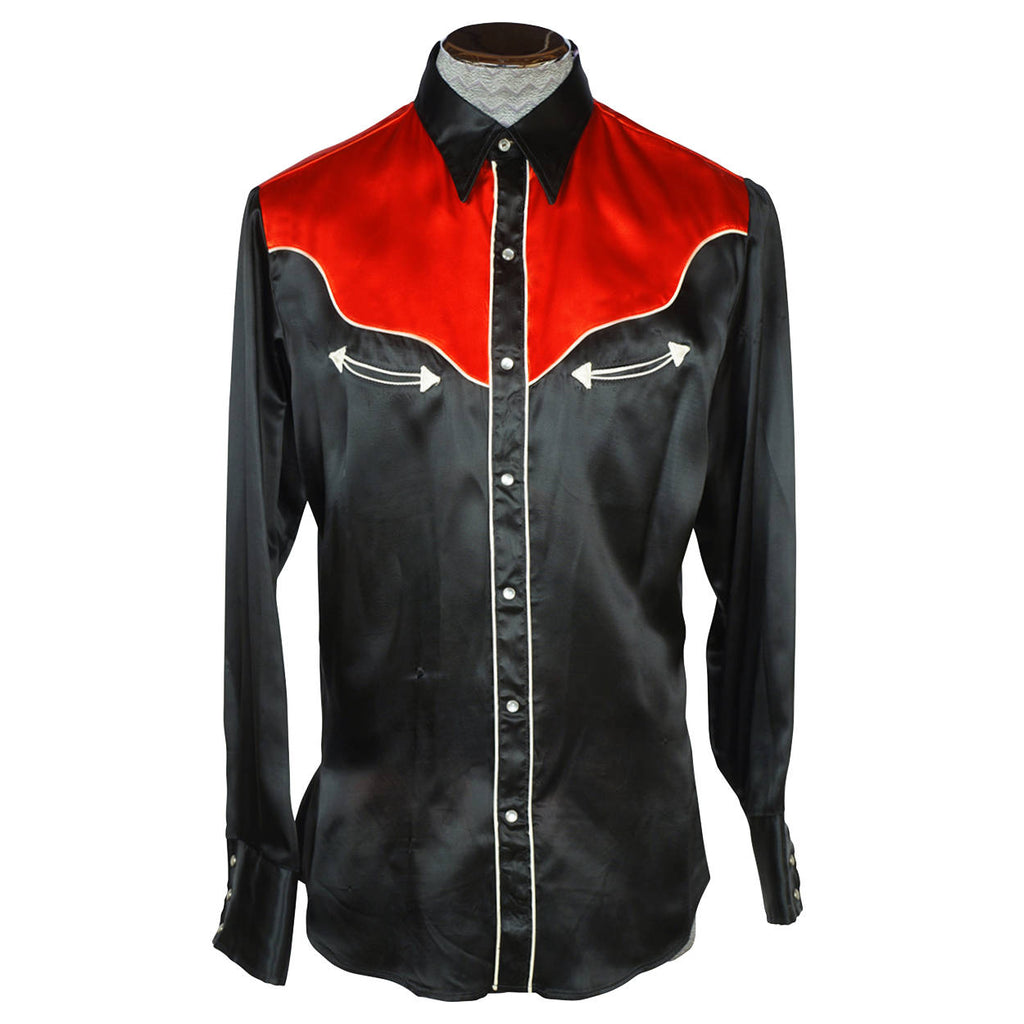 Vintage 1960s Western Black & Red Satin Cowboy Shirt Caravan Alberta Mens L 16 - Poppy's Vintage Clothing