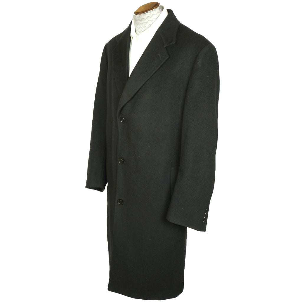 Vintage Mens Topcoat Overcoat 100% Pure Italian Cashmere Black Coat Size 44R - Poppy's Vintage Clothing