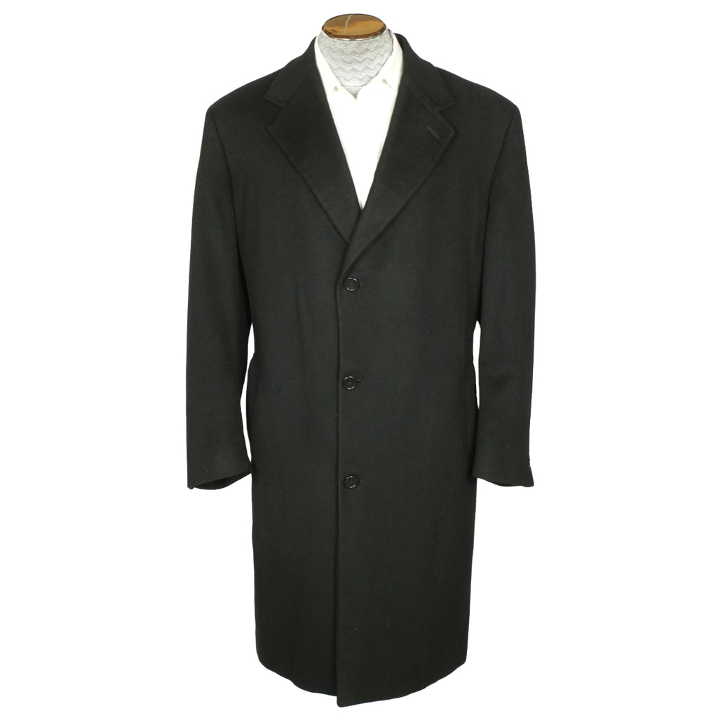 Vintage Mens Topcoat Overcoat 100% Pure Italian Cashmere Black Coat Size 44R - Poppy's Vintage Clothing