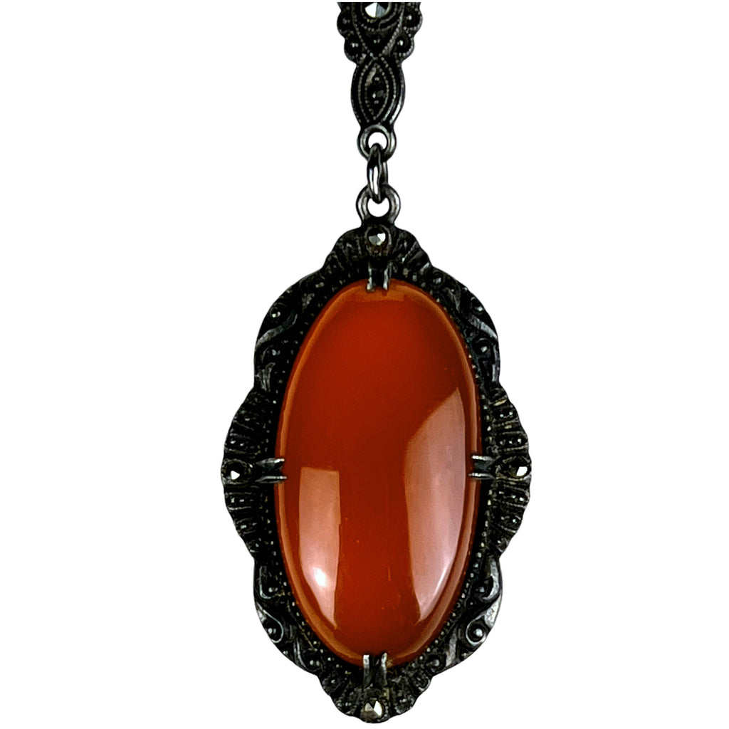 Antique Carnelian Drop Choker Birks Sterling Marcasite