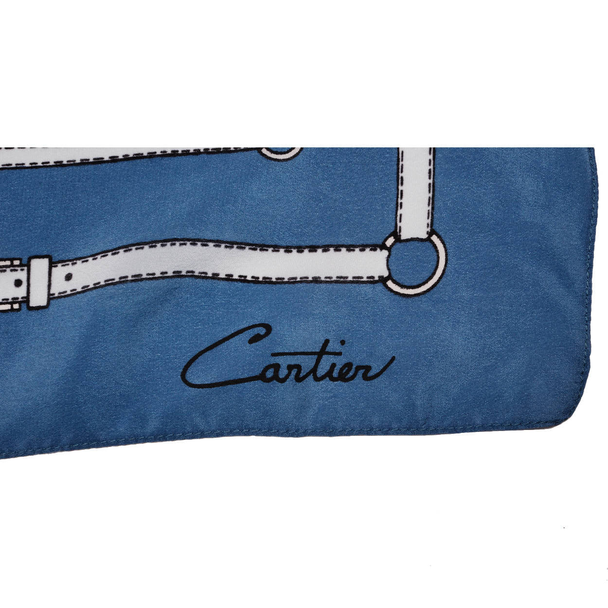 Vintage Cartier Paris Silk Scarf Blue w White Horsebit Design 23” - Poppy's Vintage Clothing