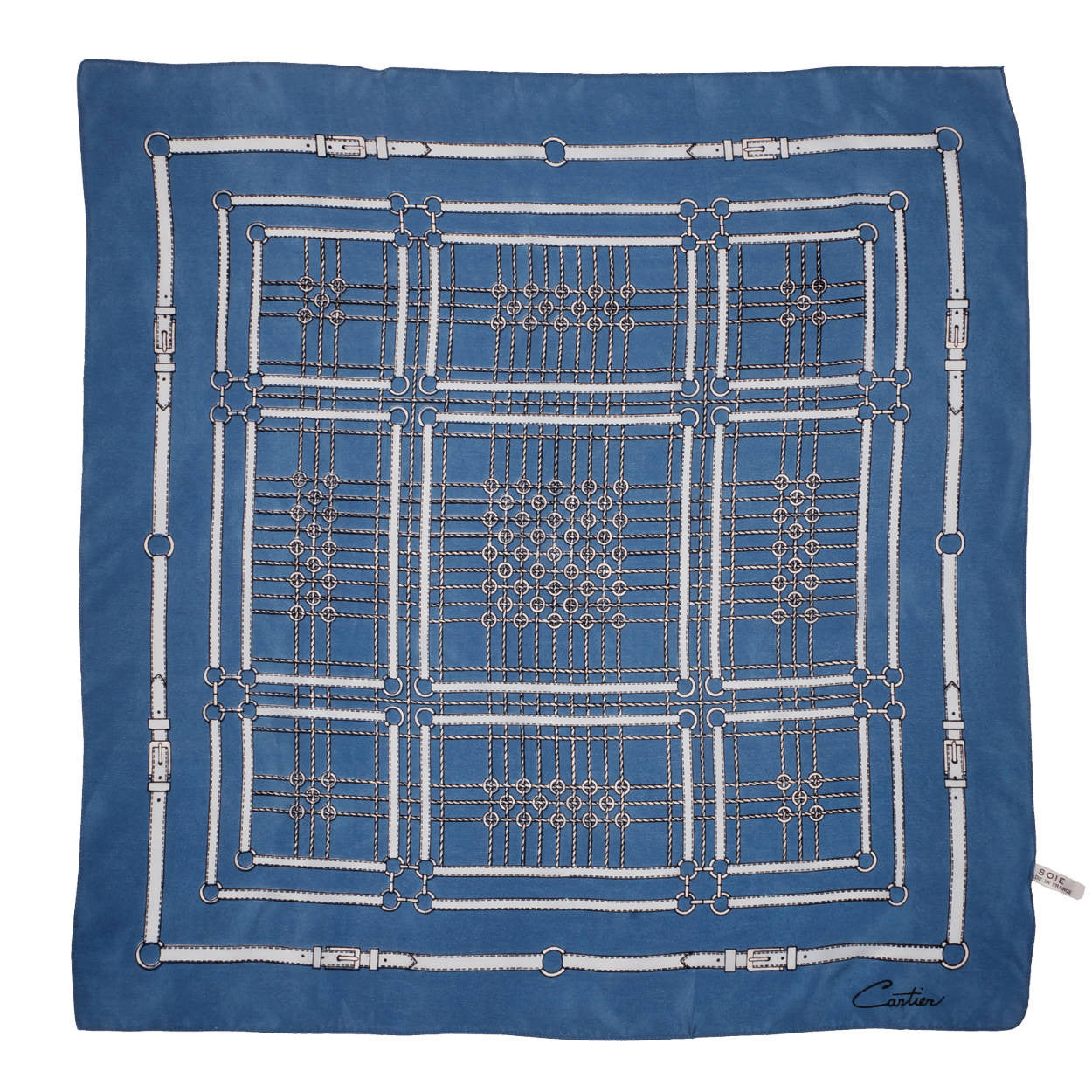 Vintage Cartier Paris Silk Scarf Blue w White Horsebit Design 23” - Poppy's Vintage Clothing