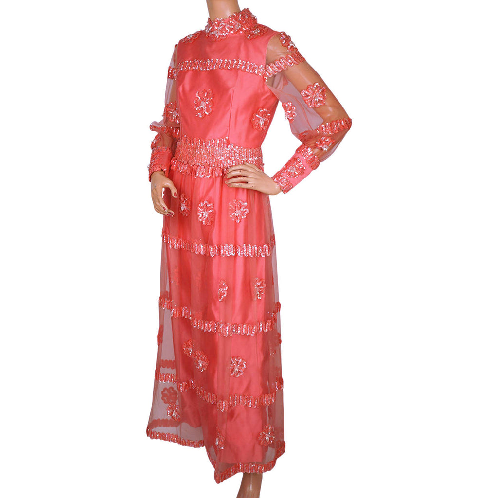 Vintage 1960s Palazzo Pant Dress Sequin Pink Satin and Tulle - Size S - Poppy's Vintage Clothing