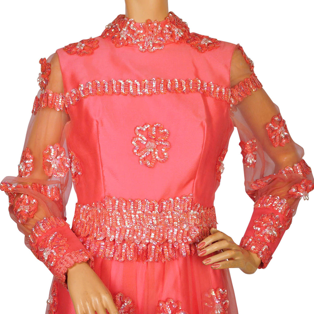 Vintage 1960s Palazzo Pant Dress Sequin Pink Satin and Tulle - Size S - Poppy's Vintage Clothing