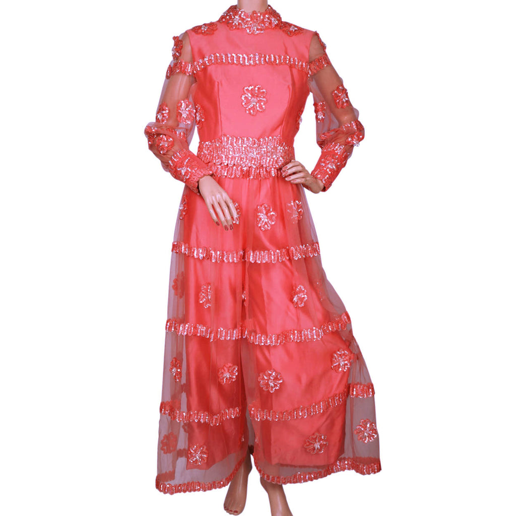 Vintage 1960s Palazzo Pant Dress Sequin Pink Satin and Tulle - Size S - Poppy's Vintage Clothing