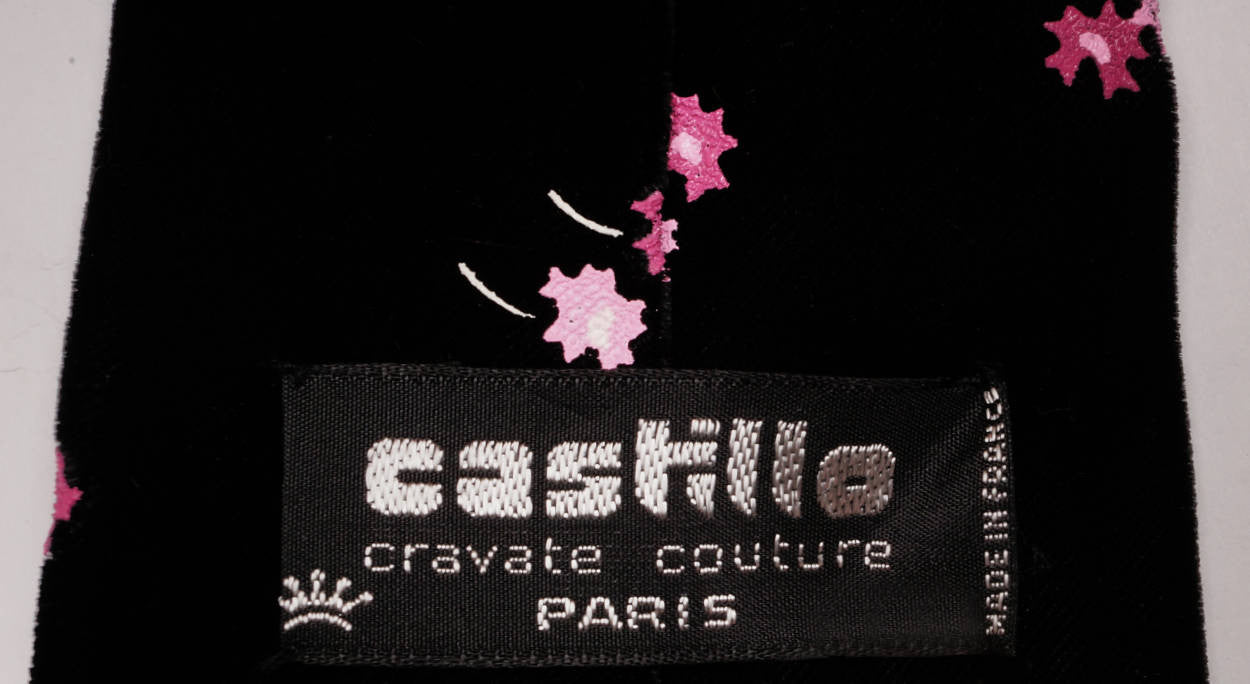 Vintage 1960s Designer Castillo Paris Hand Painted Black Velvet Couture Tie - Poppy's Vintage Clothing