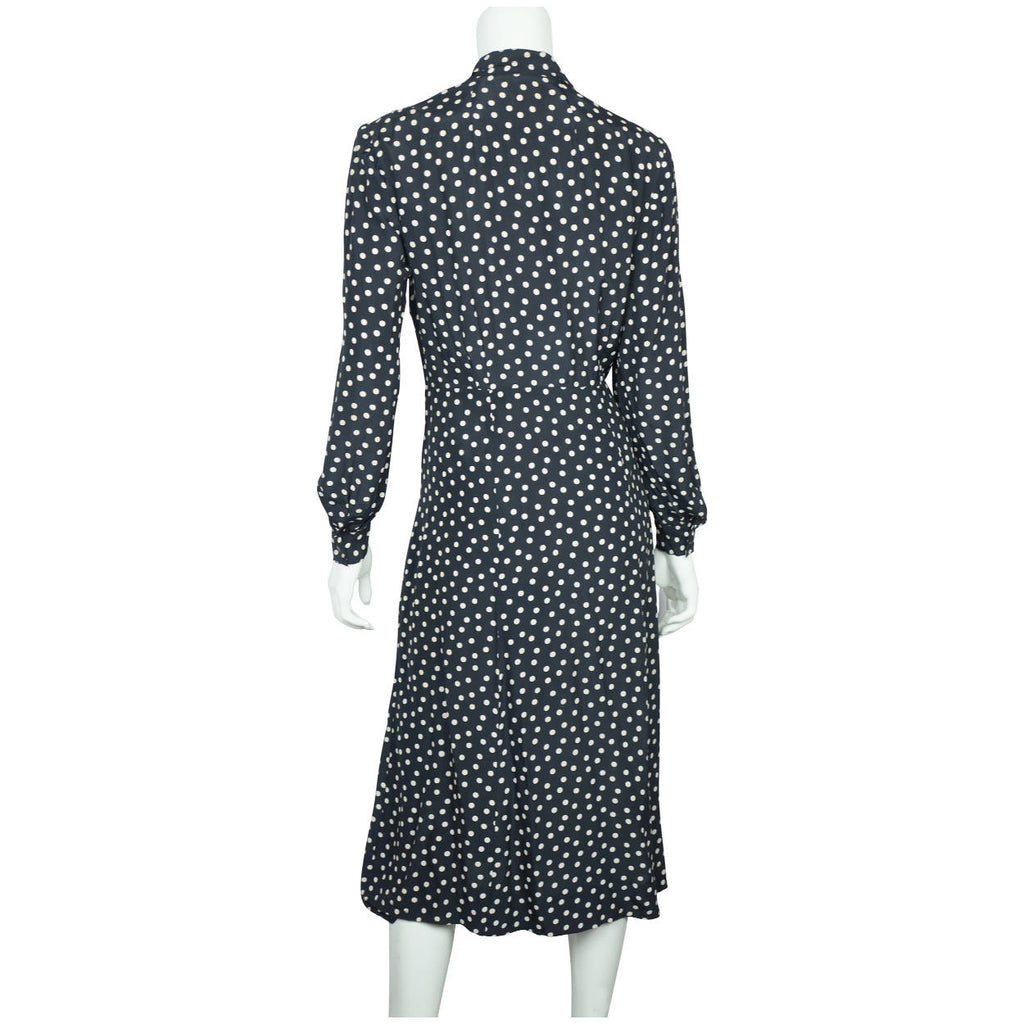 Vintage 1930s Day Dress Navy Blue with White Polka Dots Casually Young Size L XL - Poppy's Vintage Clothing