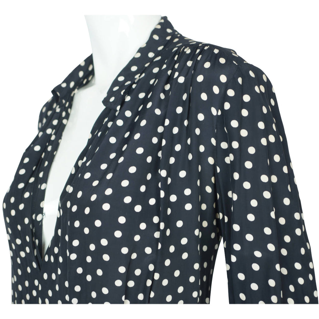 Vintage 1930s Day Dress Navy Blue with White Polka Dots Casually Young Size L XL - Poppy's Vintage Clothing