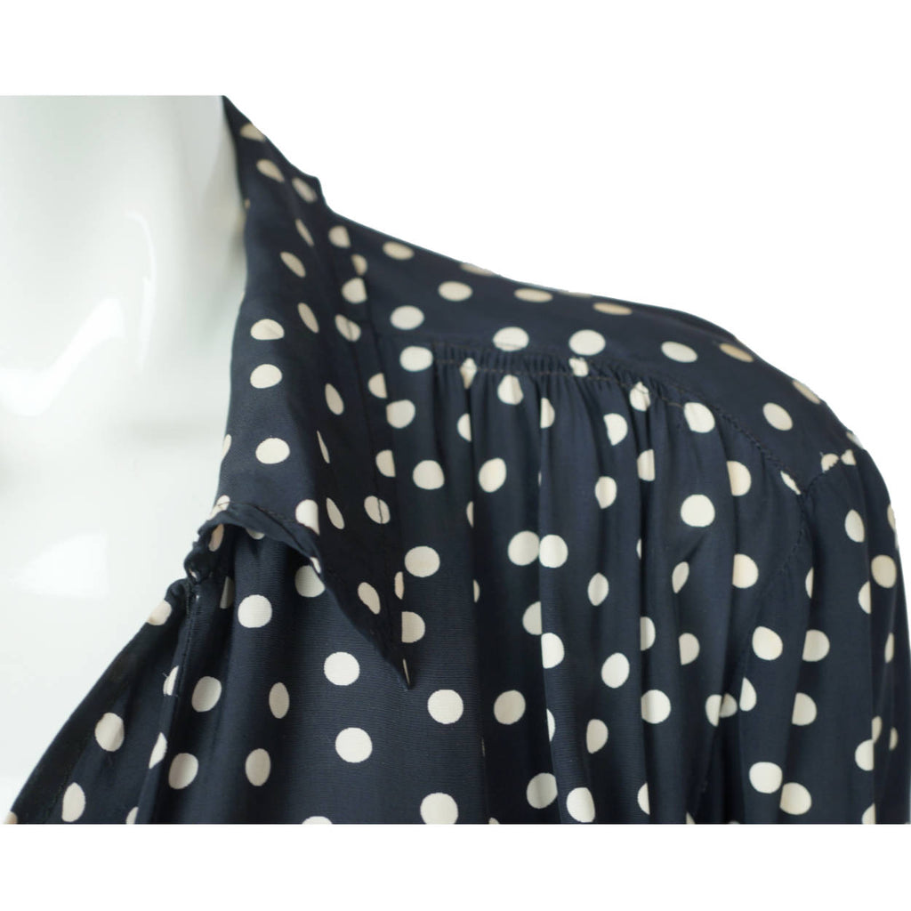 Vintage 1930s Day Dress Navy Blue with White Polka Dots Casually Young Size L XL - Poppy's Vintage Clothing
