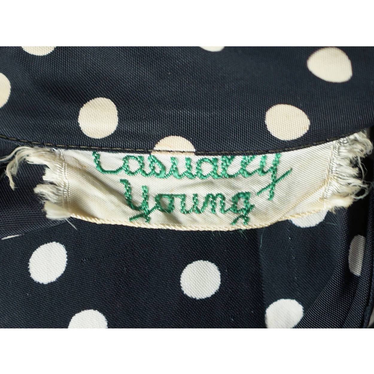 Vintage 1930s Day Dress Navy Blue with White Polka Dots Casually Young Size L XL - Poppy's Vintage Clothing