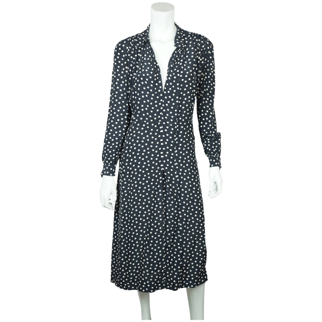 Vintage 1930s Day Dress Navy Blue with White Polka Dots Casually Young Size L XL - Poppy's Vintage Clothing