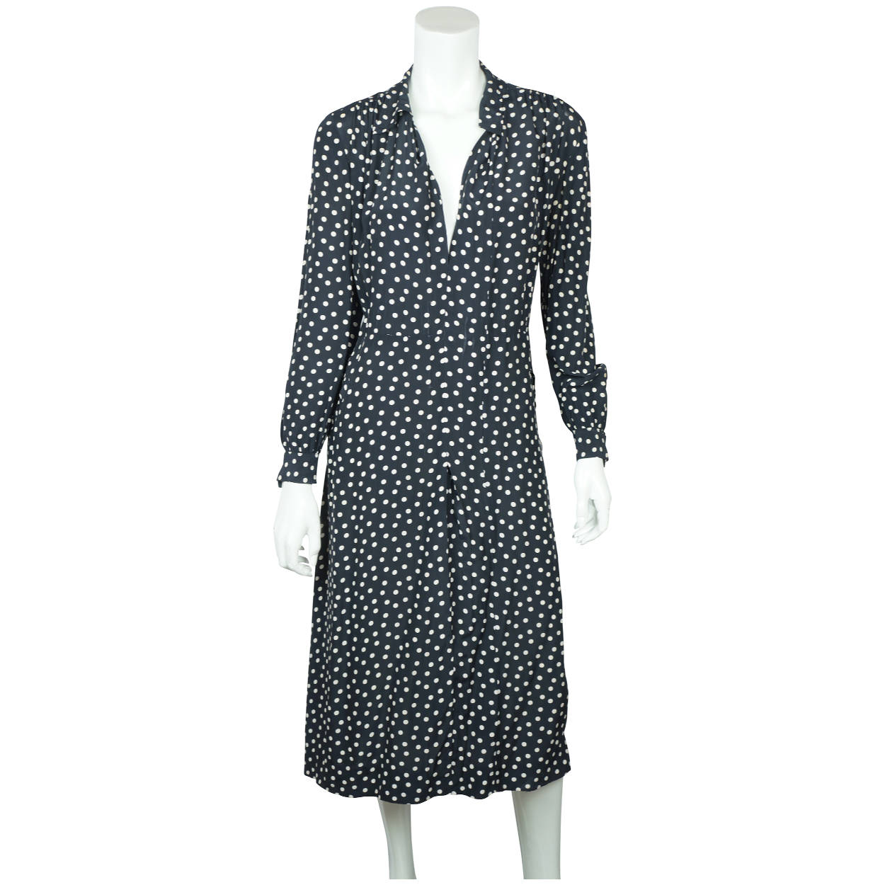 Vintage 1930s Day Dress Navy Blue with White Polka Dots Casually Young Size L XL - Poppy's Vintage Clothing