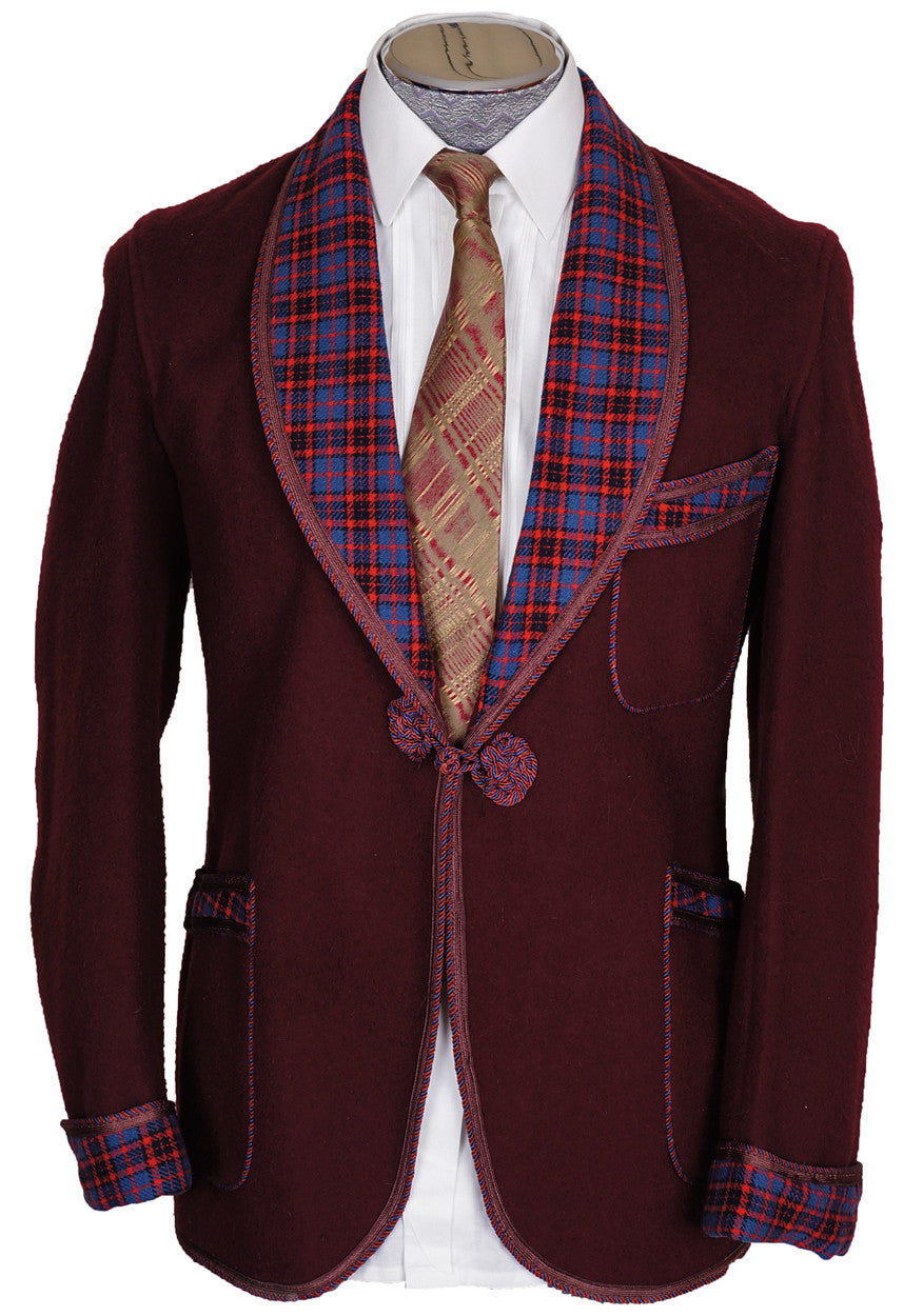 Vintage 1940s Smoking Jacket Tartan & Maroon Wool by Caulfeild Size S - Poppy's Vintage Clothing