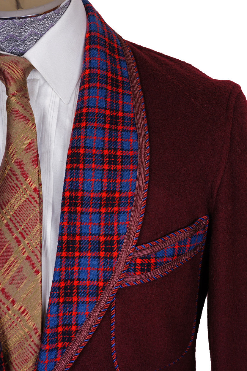 Vintage 1940s Smoking Jacket Tartan & Maroon Wool by Caulfeild Size S - Poppy's Vintage Clothing