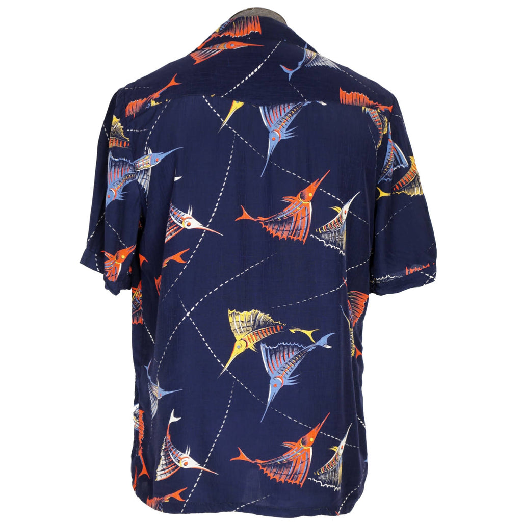 Vintage 1940s 50s Florida Rayon Beach Shirt by Ceeb of Miami Marlin Fish Print - Poppy's Vintage Clothing