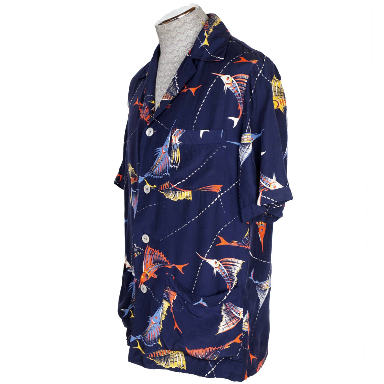 Vintage 1940s 50s Florida Rayon Beach Shirt by Ceeb of Miami Marlin Fish Print - Poppy's Vintage Clothing