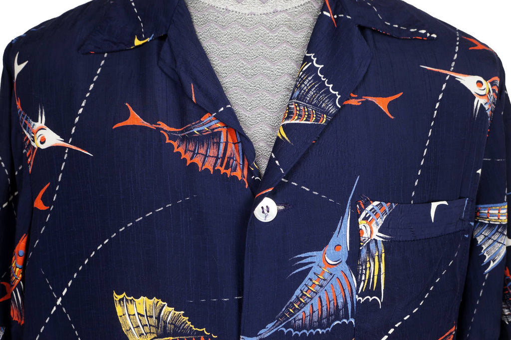 Vintage 1940s 50s Florida Rayon Beach Shirt by Ceeb of Miami Marlin Fish Print - Poppy's Vintage Clothing