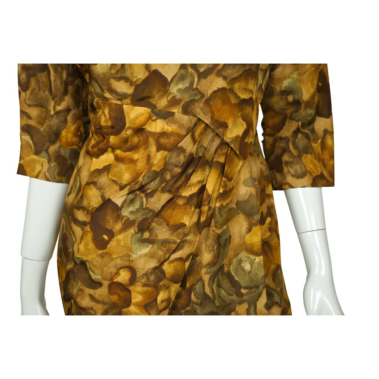 Vintage Ceil Chapman Wiggle Dress Abstract Leaf Pattern Printed Silk 1950s Sz M - Poppy's Vintage Clothing