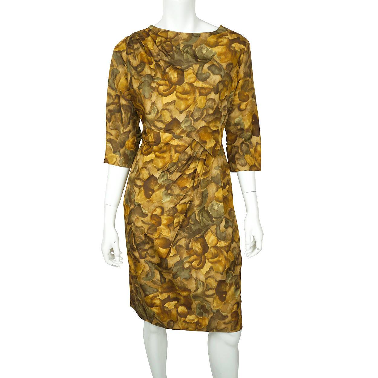 Vintage Ceil Chapman Wiggle Dress Abstract Leaf Pattern Printed Silk 1950s Sz M - Poppy's Vintage Clothing