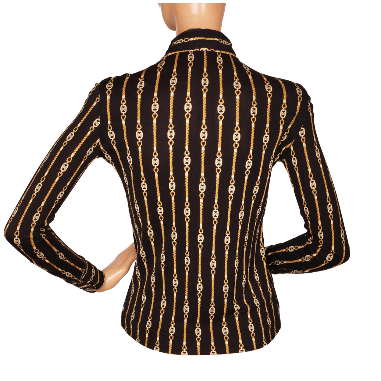 Vintage Celine Paris Black Silk Jersey Shirt Blouse 1970s Chain Pattern Size S 38 - Poppy's Vintage Clothing