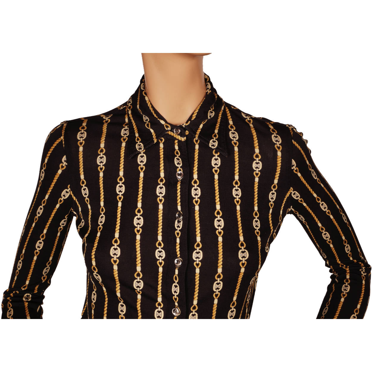 Vintage Celine Paris Black Silk Jersey Shirt Blouse 1970s Chain Pattern Size S 38 - Poppy's Vintage Clothing