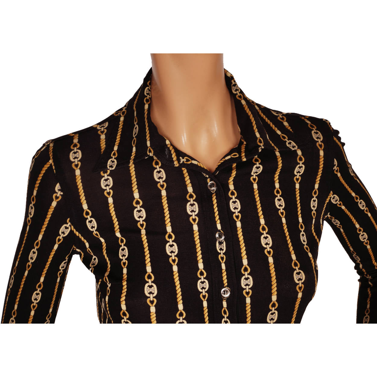 Vintage Celine Paris Black Silk Jersey Shirt Blouse 1970s Chain Pattern Size S 38 - Poppy's Vintage Clothing