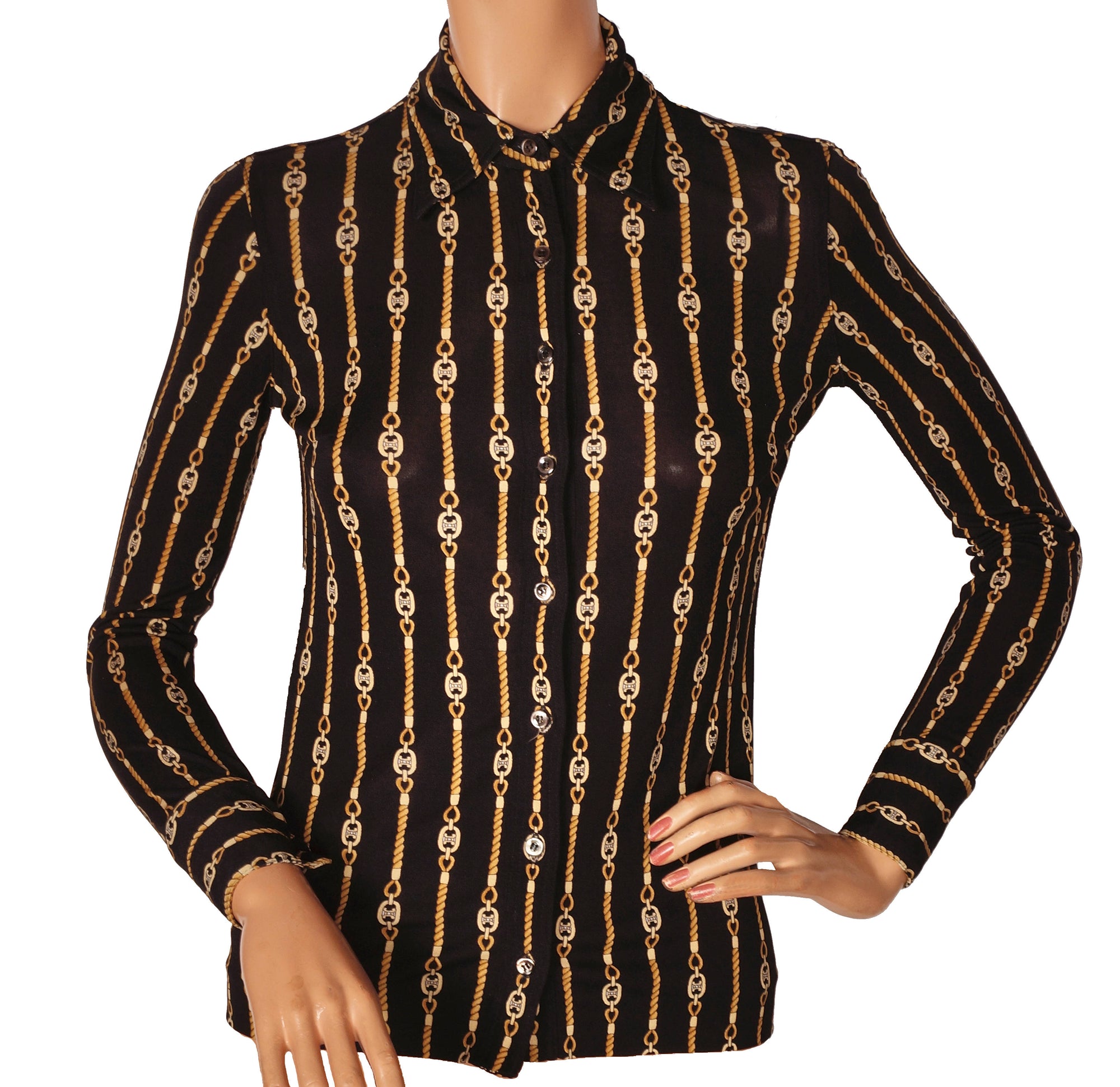 Vintage Celine Paris Black Silk Jersey Shirt Blouse 1970s Chain Pattern Size S 38 - Poppy's Vintage Clothing