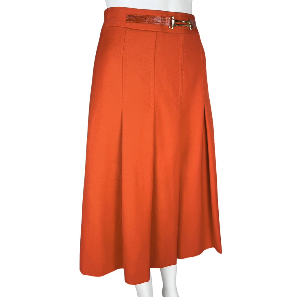 Vintage Celine Paris Skirt Orange Wool w Leather Waistband