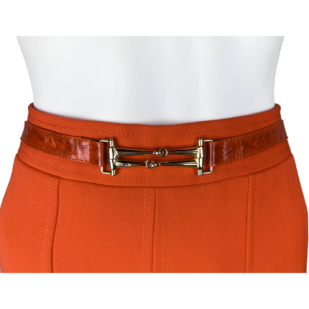 Vintage Celine Paris Skirt Orange Wool w Leather Waistband