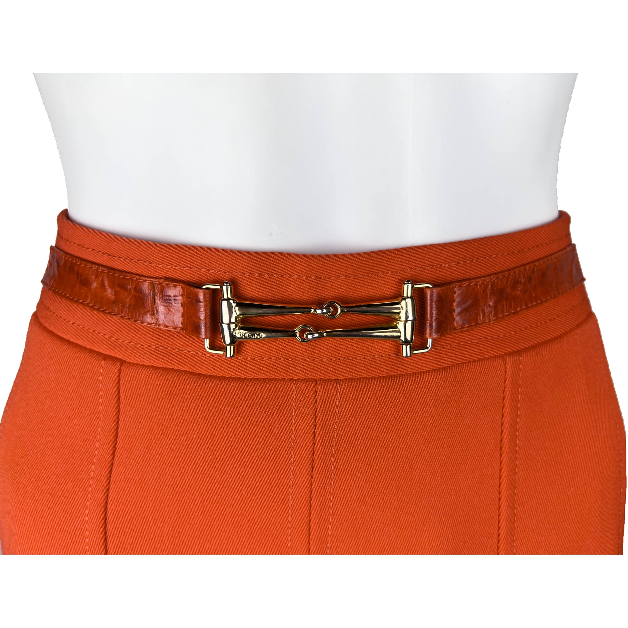 Vintage Celine Paris Skirt Orange Wool w Leather Waistband