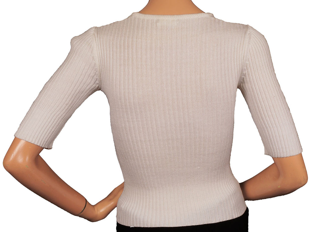 Vintage 1970s Celine White Sweater - Cotton Rib Knit Pullover -  XS - Poppy's Vintage Clothing
