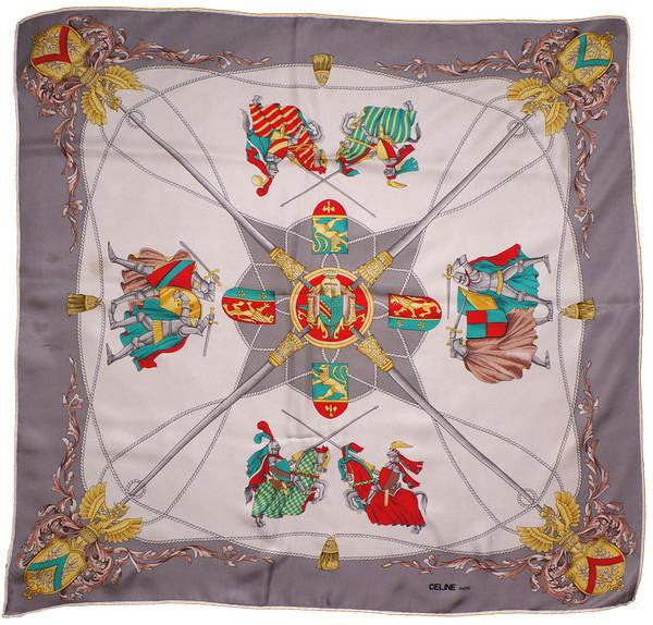 Vintage Celine Paris Silk Twill Scarf Jousting Knights Pattern - Poppy's Vintage Clothing