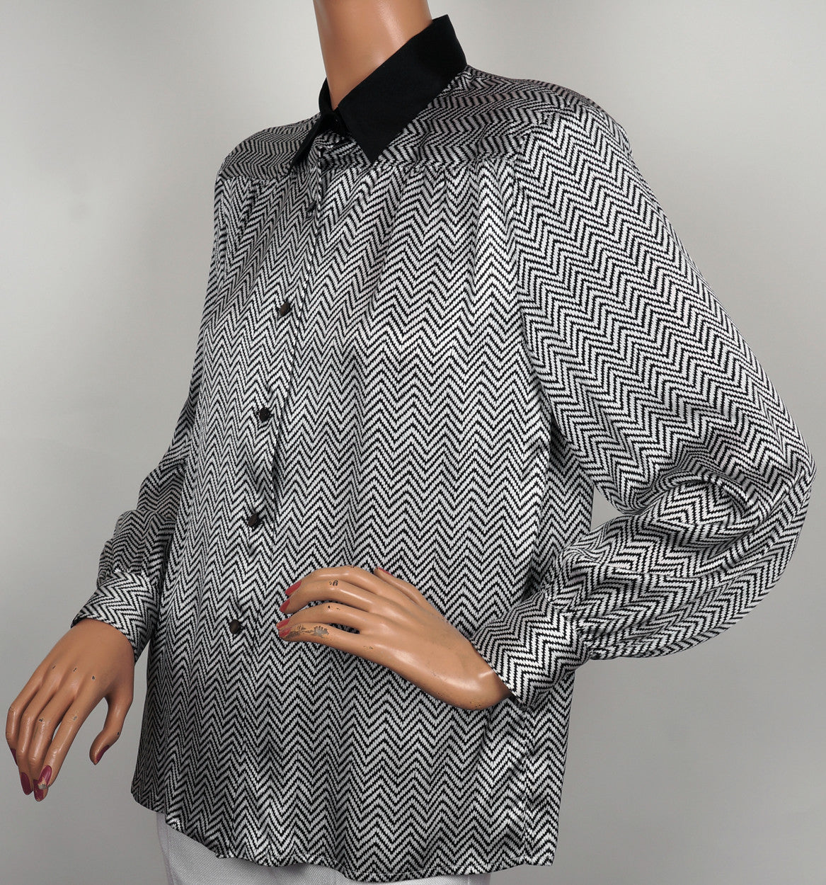 1980s Vintage Blouse by Celine Paris - Silk Zig Zag Pattern - Poppy's Vintage Clothing
