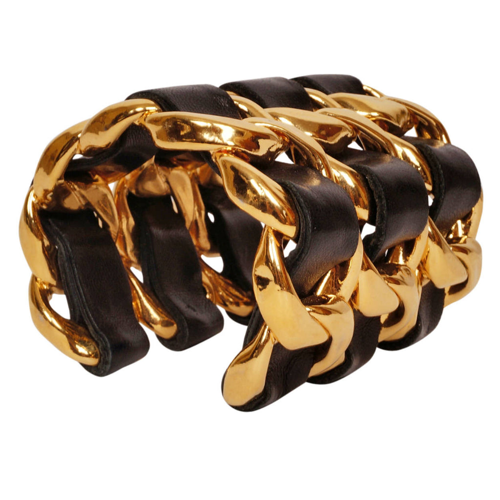Vintage Chanel Cuff Bracelet 1980s Gold Toned Chain Black Leather - Poppy's Vintage Clothing