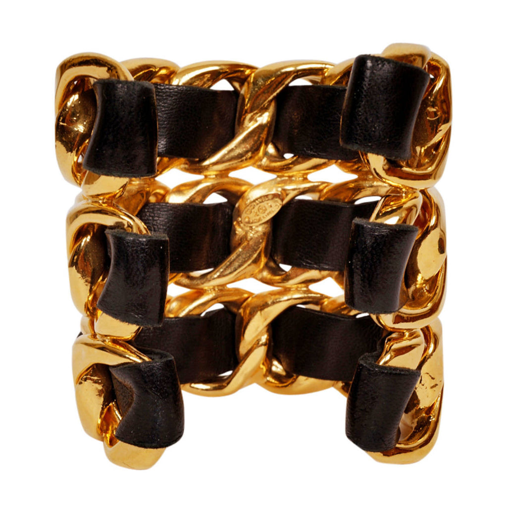 Vintage Chanel Cuff Bracelet 1980s Gold Toned Chain Black Leather - Poppy's Vintage Clothing