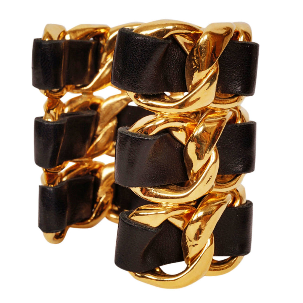 Vintage Chanel Cuff Bracelet 1980s Gold Toned Chain Black Leather - Poppy's Vintage Clothing