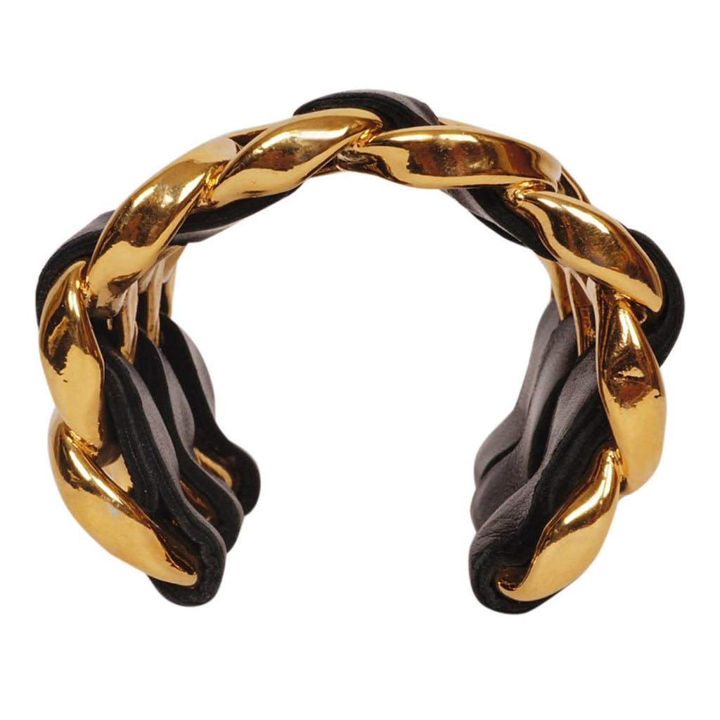 Vintage Chanel Cuff Bracelet 1980s Gold Toned Chain Black Leather - Poppy's Vintage Clothing